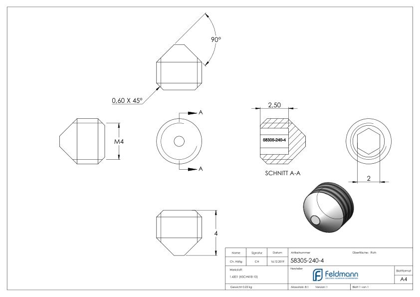 Gewindestift M4x4, V2A, DIN 914 / ISO 4027