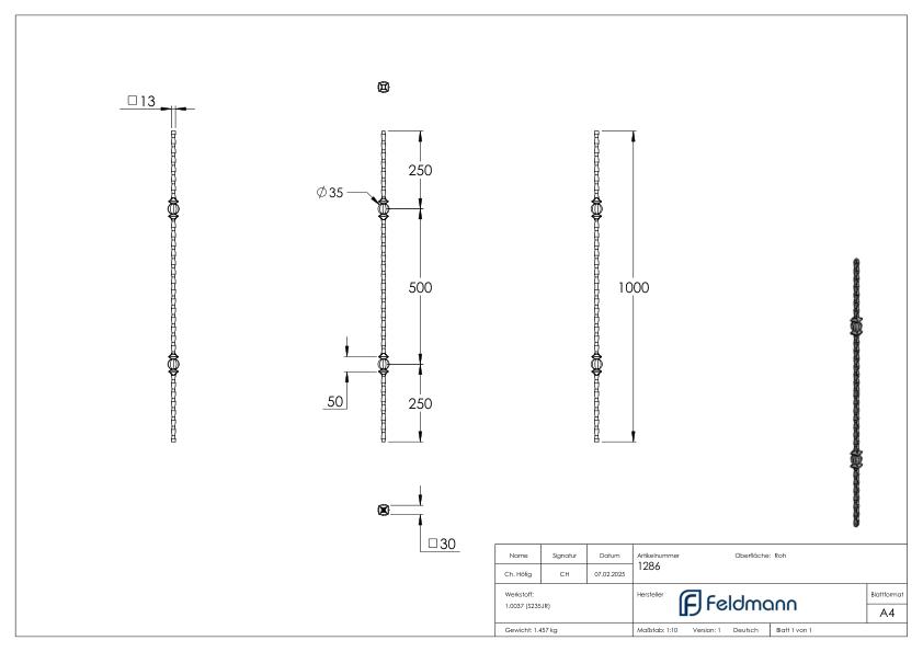 Knubbelstab 13x13mm, gehämmert, H: 1000mm