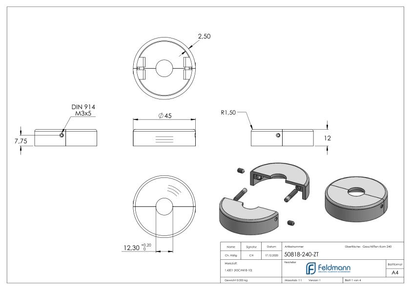 Abdeckrosette, 45x12mm, Bohrung 12,5mm, zweiteilig, V2A