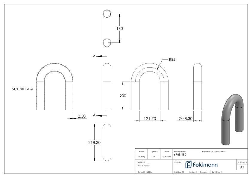 Stahl-Rohr-Bogen 180°, 48,3x2,5mm