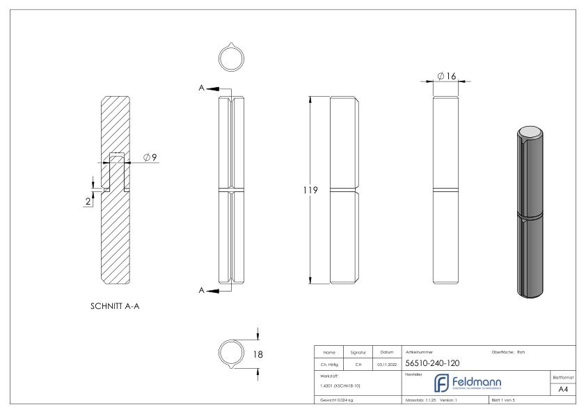 Anschweißband, L: 120mm, mit festem Stift, V2A