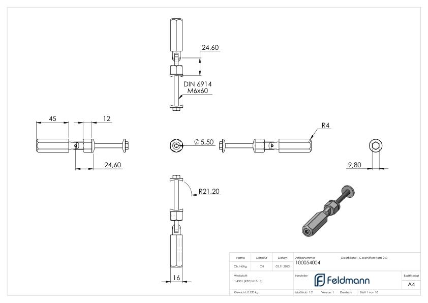 Gewindeterminal zur Selbstmontage, Seil 4mm, V2A