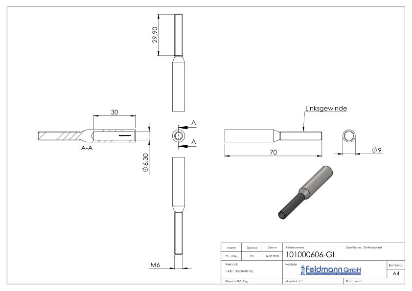 Gewindeterminal für Seil 6mm, V2A