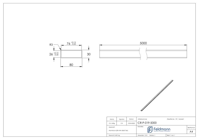 Aluprofil 80x30x2,0mm, eloxiert, Länge 5000mm