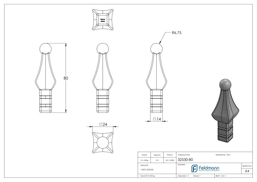 Zaunspitze, Ansatz 14x14mm, H: 80mm
