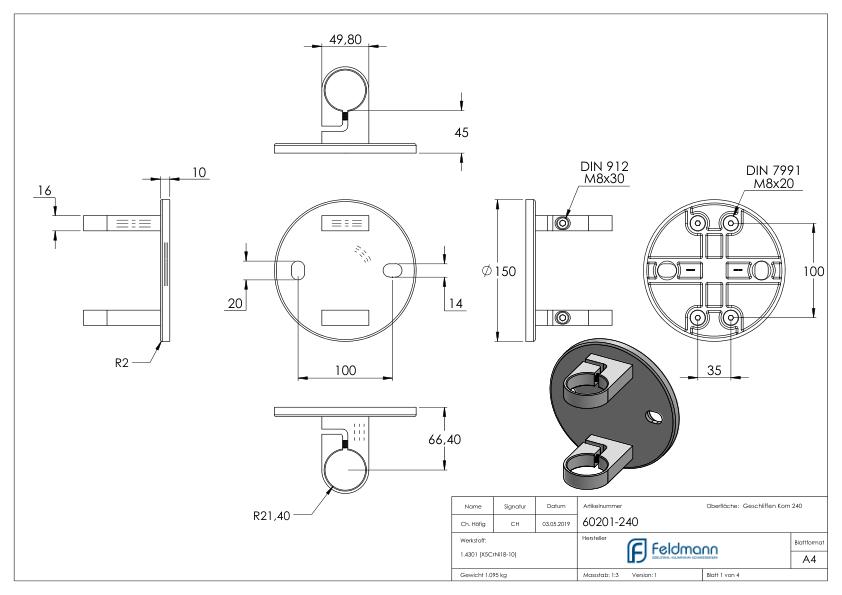 Wandbefestigung für Geländerpfosten 42,4mm, V2A