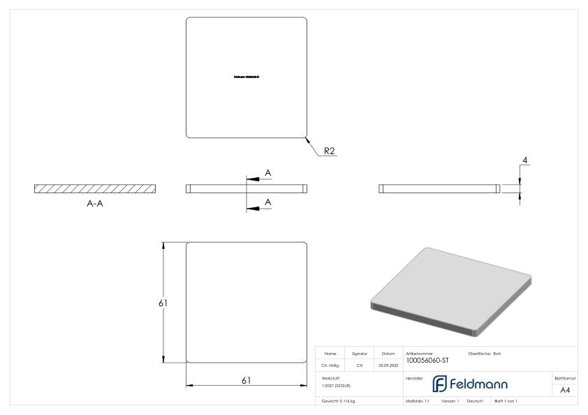 Flachkappe 60 x 60 x 4,0mm, Stahl roh