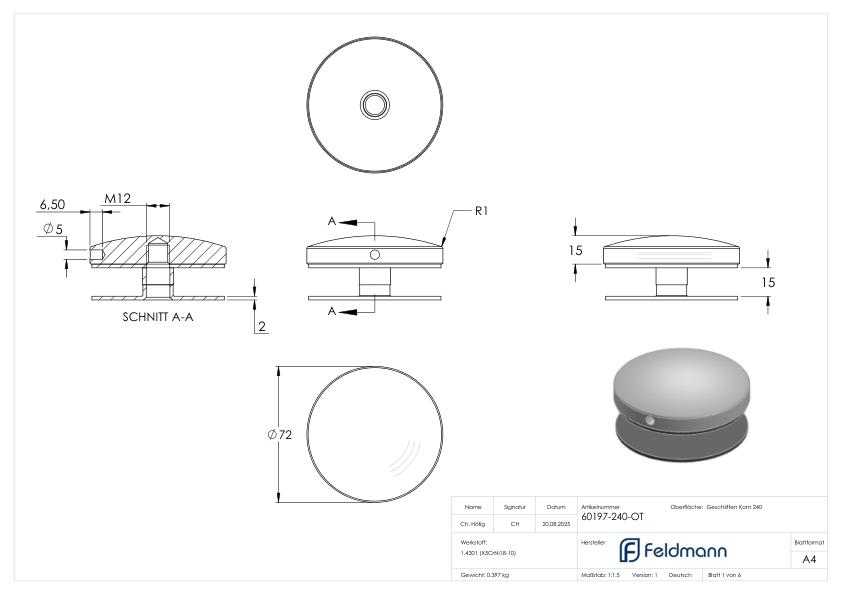 Oberteil von 72mm Glaspunkthalter, V2A