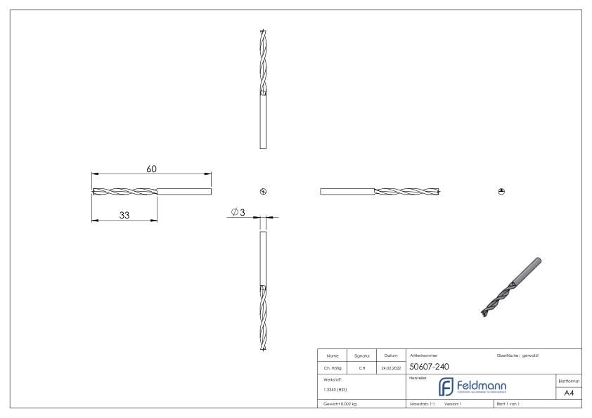 Holzspiralbohrer Ø 3mm, L: 60mm