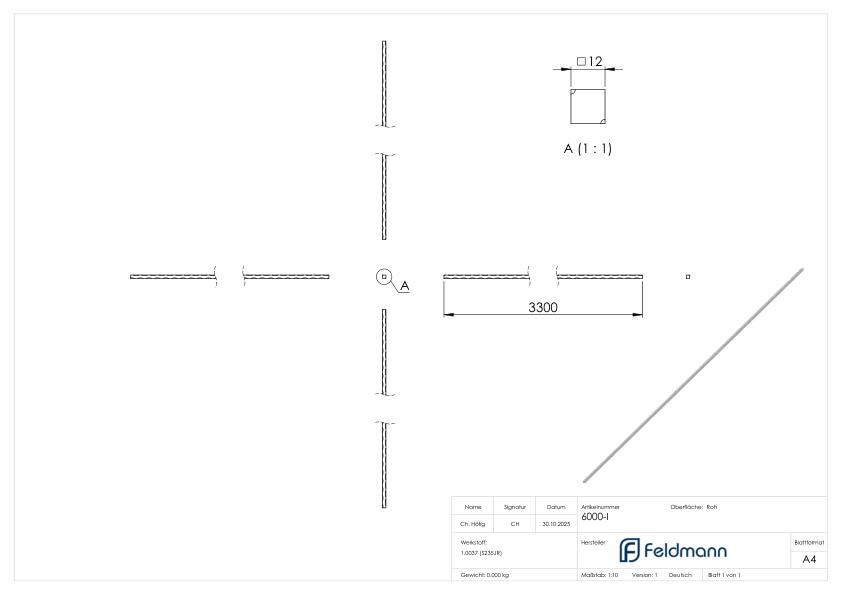 Vierkant S235JR, 12x12mm, L: 3300mm
