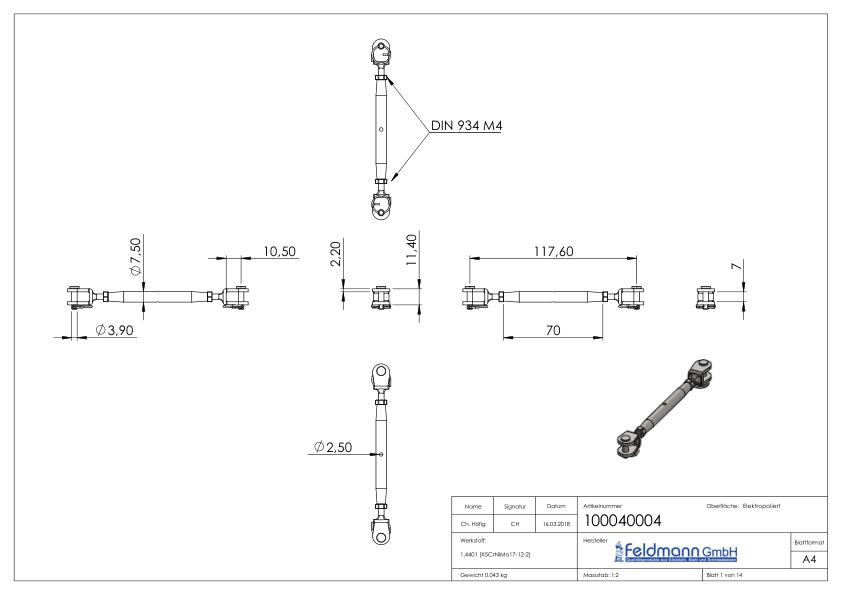 Wantenspanner Gabel/Gabel  mit Gew. M4, V4A