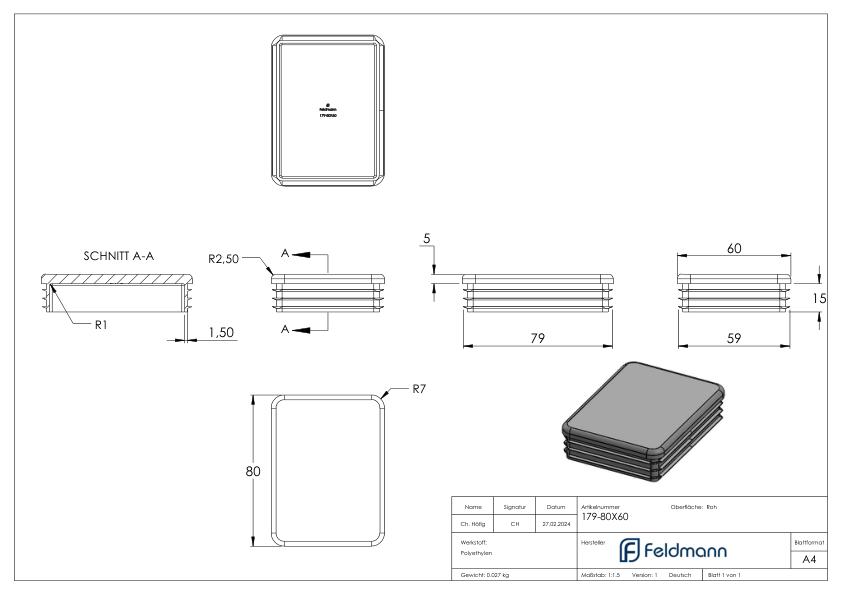 Kunststoffkappe für Rechteckrohr 80x60mm
