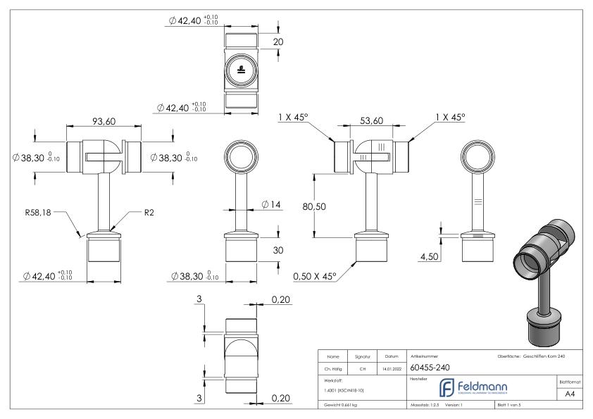 Rohrabschlussstopfen für Rohr 42,4x2,0mm, oben mit Gelenkstück, V2A