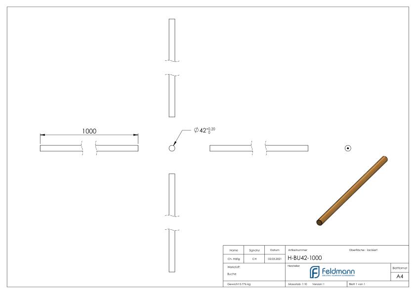 Holzhandlauf Buche, Ø42,4mm, L: 1000mm