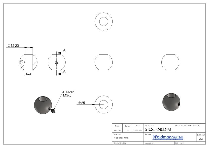 Vollkugel Ø 25mm mit DB 12,2mm und Madenschr., V2A