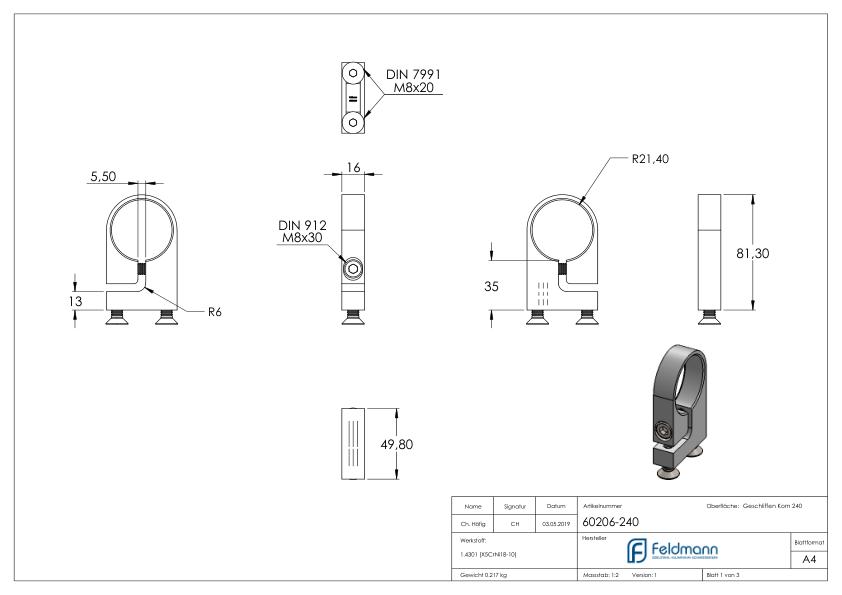 Spannring für Rohr 42,4mm, V2A