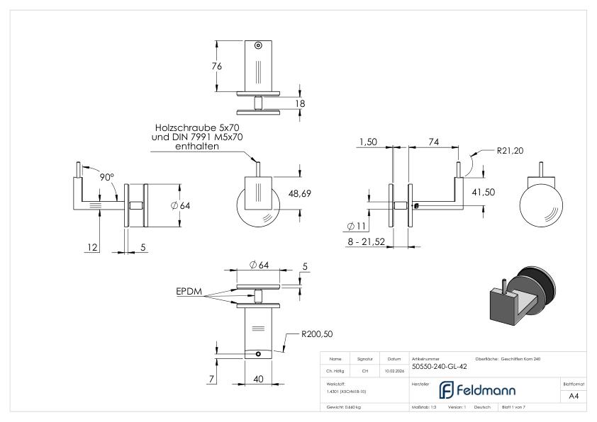 Sensa Design 1, für Rohr 42,4mm, für Montage an Glas, V2A