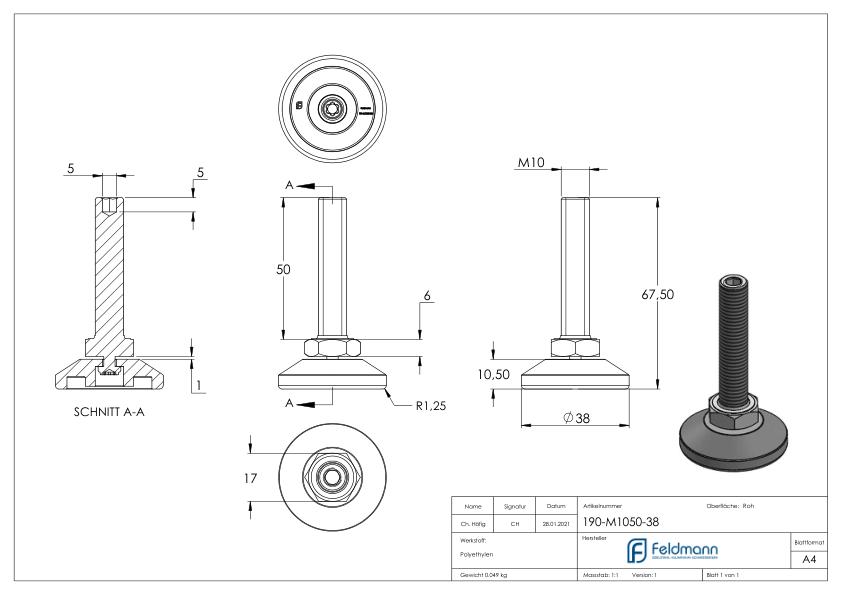 Stellfuß mit Justierschraube mit Innensechskant