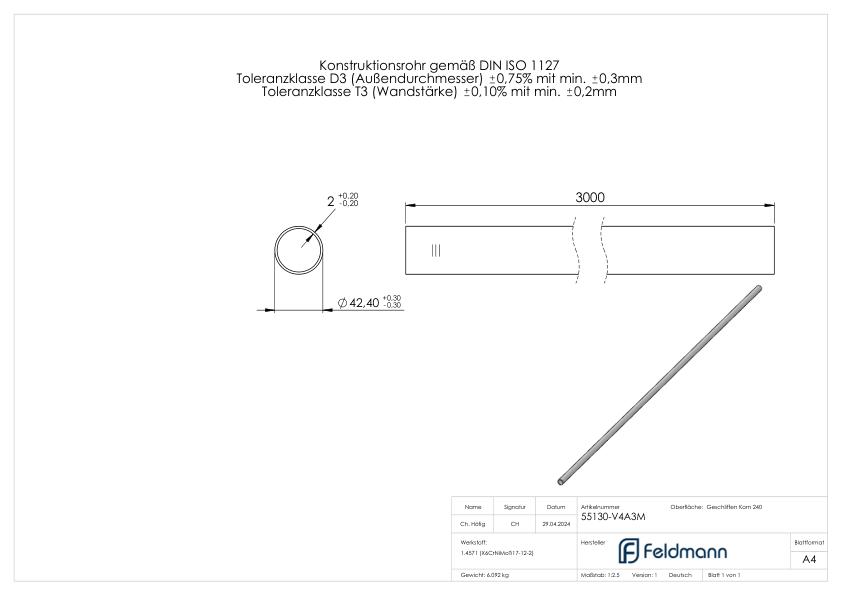 Edelstahlrohr, 42,4x2,0mm, L: 3000mm, V4A