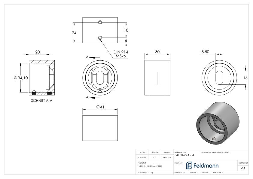 Wandbefestigung für Rohr 33,7mm, V4A