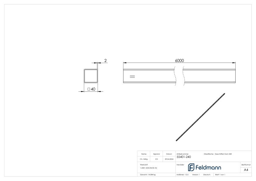 Quadratrohr, 40x40x2,0mm, L: 6000mm, V2A