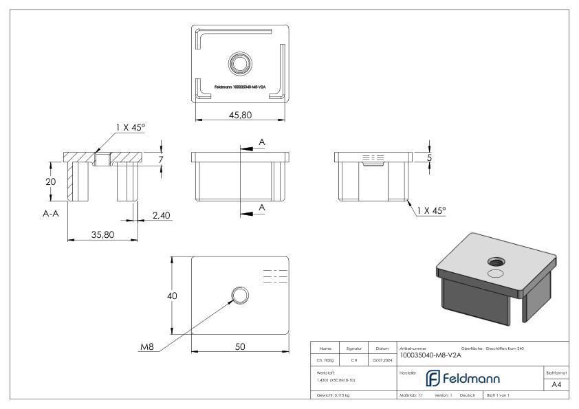 Einsteckkappe, für Rohr 50x40x2,0mm, V2A
