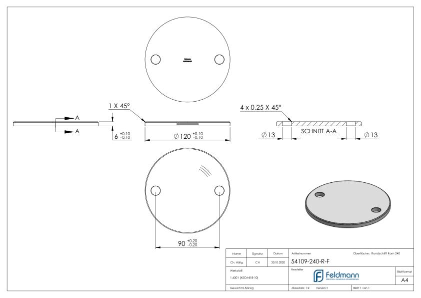 Ankerplatte Ø 120x6mm, mit Rundschliff und Fase, V2A