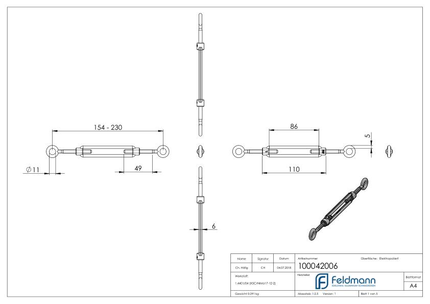 Spannschloss Öse / Öse mit Gewinde M6, V4A