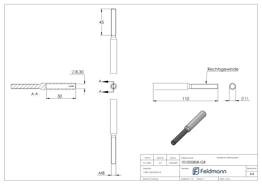 Gewindeterminal für Seil 8mm, V2A
