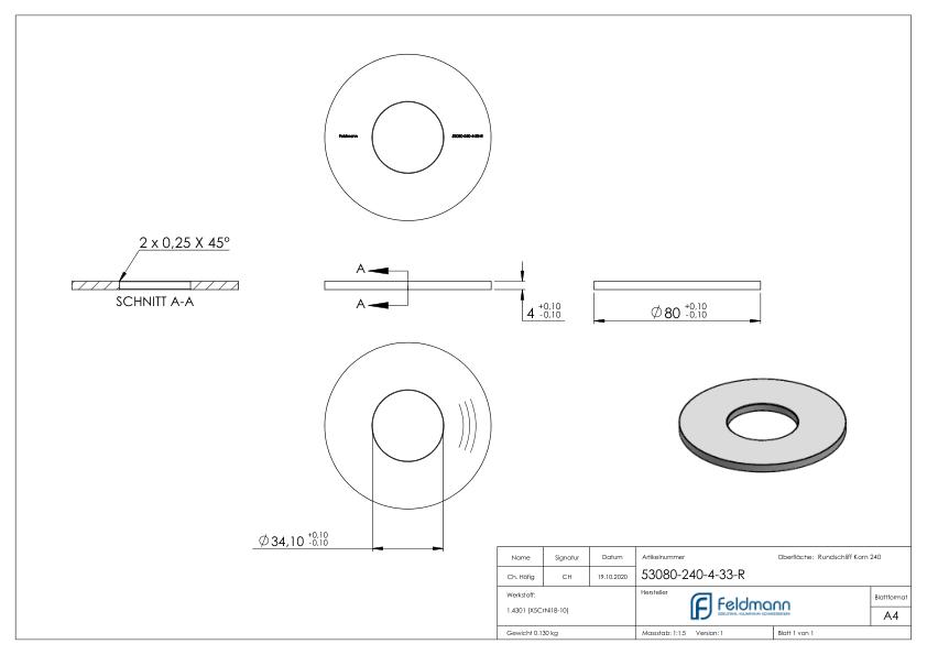 Ankerplatte Ø 80x4mm, mit Rundschliff, V2A