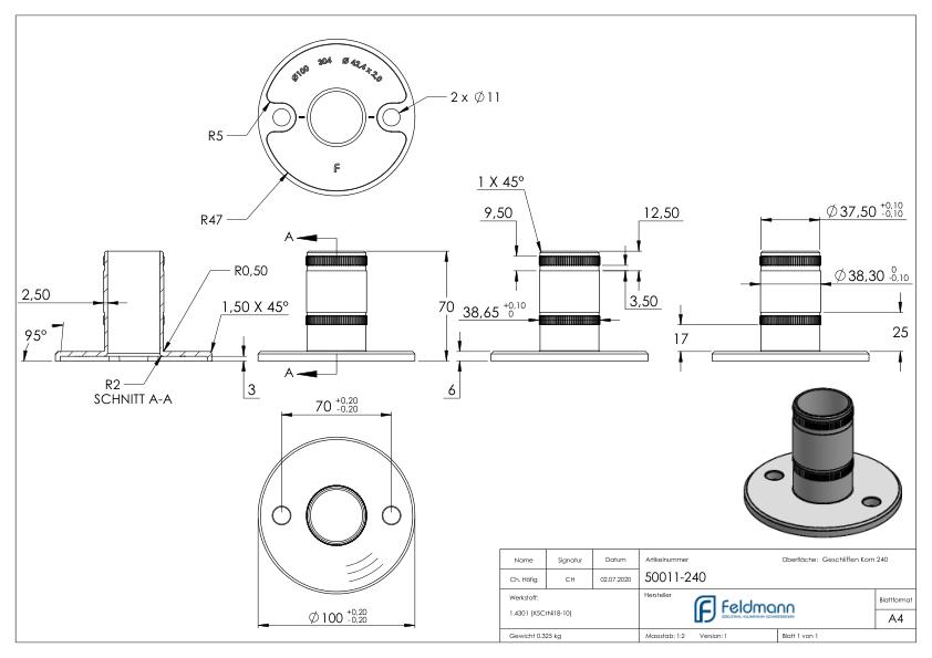 Wand- und Bodenanker mit Rändelung, für Rohr 42,4x2,0mm, V2A