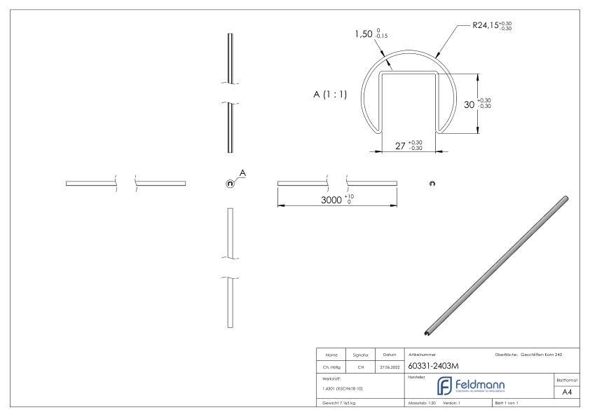 Nutrohr 48,3x1,5 mm, L: 3000mm, V2A