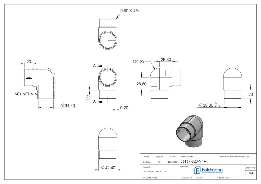 Rohrbogen 90° eng, für Rohr 42,4x2,0mm, V4A