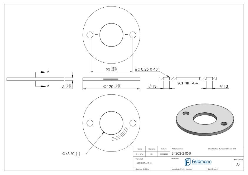 Ankerplatte Ø 120x6mm, mit Rundschliff, V2A