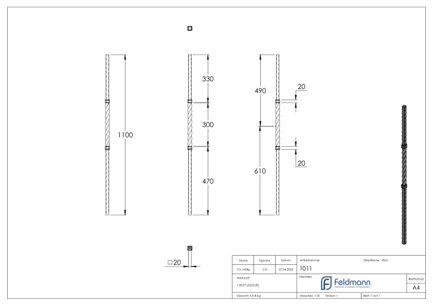 Anfangsstab 20x20mm, H: 1100mm
