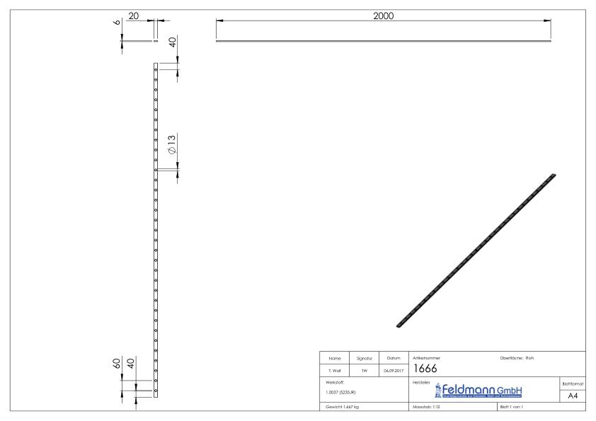 Lochleiste S235JR, 20x6mm, Lochabstand 60mm, 2m