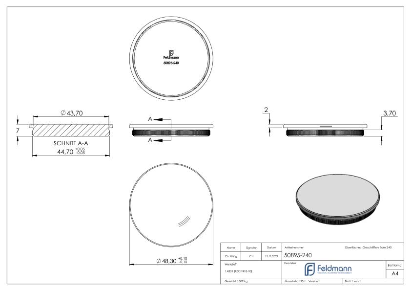 Rohrabschlussstopfen, für Rohr 48,3x2,0mm, V2A