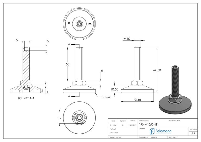 Stellfuß mit Justierschraube mit Innensechskant