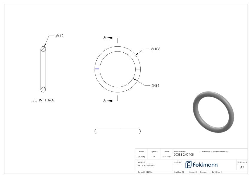 Ring aus Ø 12mm, Außen-Ø 108mm, V2A
