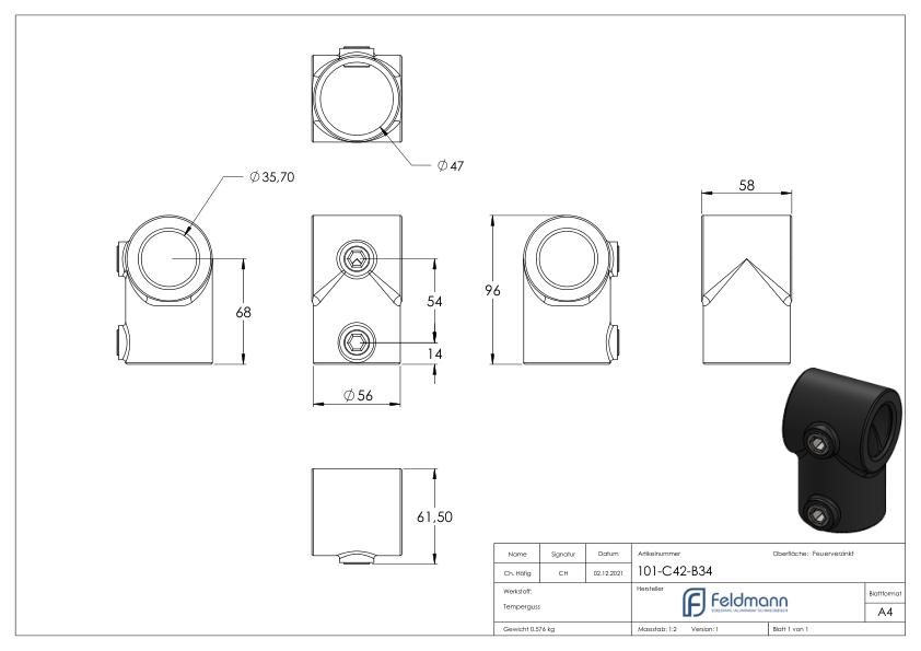 T-Stück kurz, für Rohr Ø 42,4 / 33,7mm