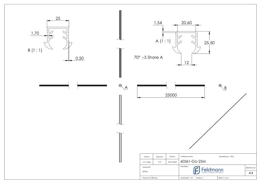 Keildichtung Glas 11,52 - 13,52mm, für Nut 24x24mm, 25m, EPDM
