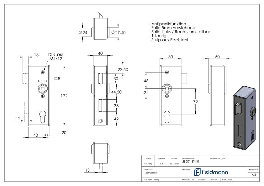 Anti-Panikschloss mit Schlosskasten 40 x 60 x 172mm, mit Wechselfunktion E, DIN R & L