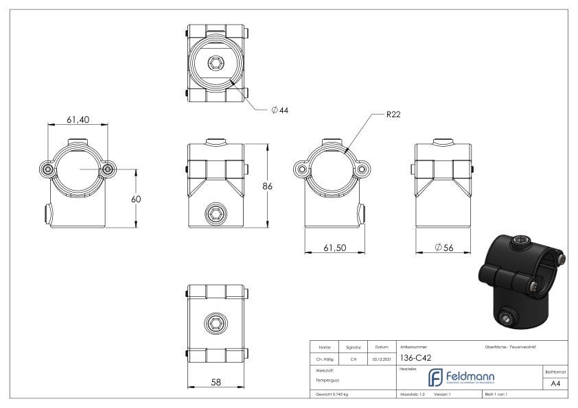 T-Stück aufklappbar, für Rohr Ø 42,4mm