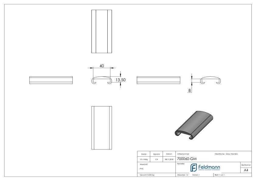 Kunststoffhandlauf 40x8mm, Grau-Metallic