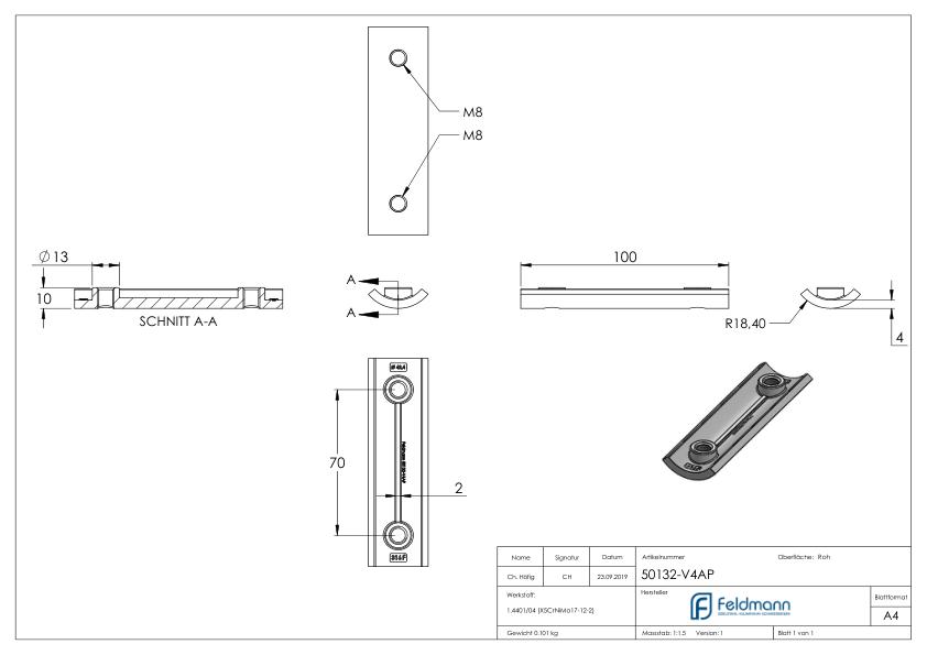 Verstärkungsplatte für Wandbefestigung 50132-V4A, V4A
