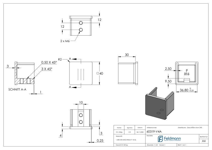 Endkappen, flach, für Quadratnutrohr 40x40mm, V4A