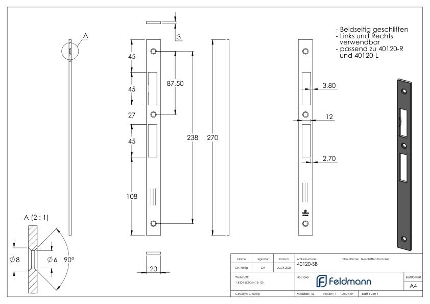 Schließblech passend zu Spezialschloss 40120, V2A