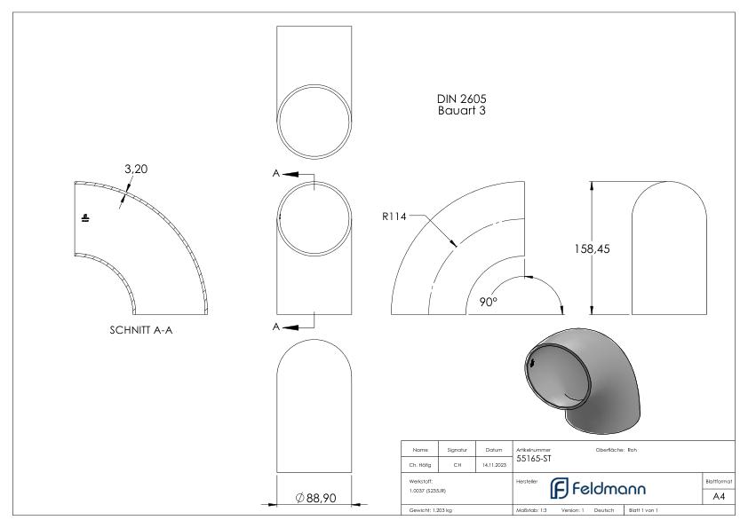 Schweißbogen 90°, 88,9x3,2mm