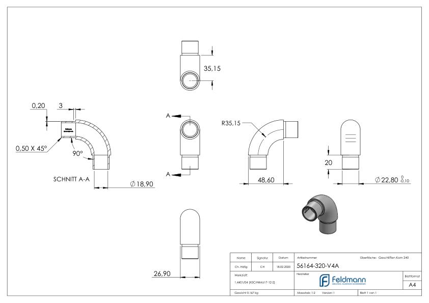 Rohrbogen 90°, für Rohr 26,9x2,0mm, V4A