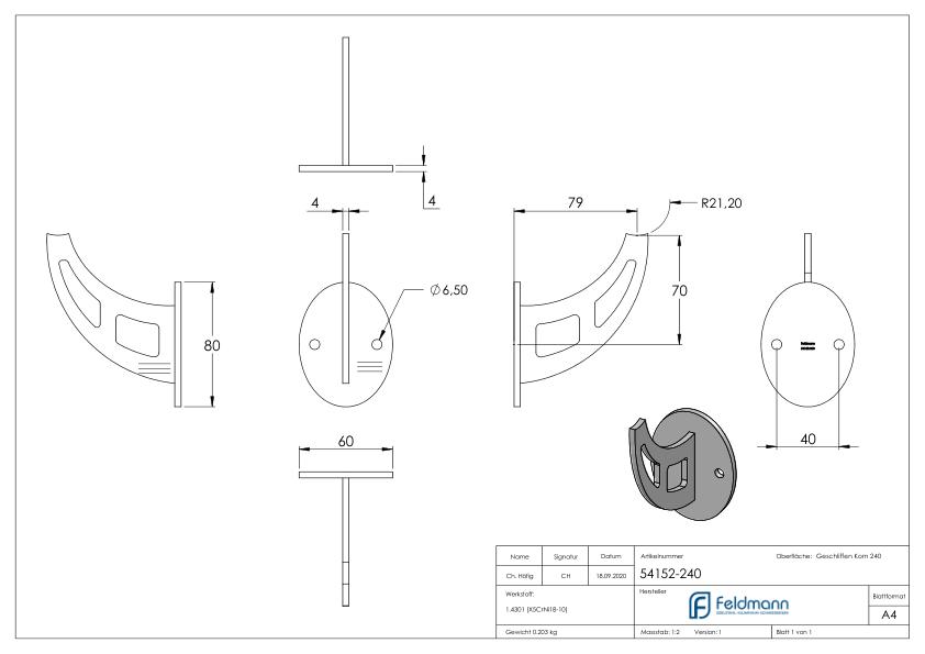 Handlaufträger mit Ronde oval, V2A